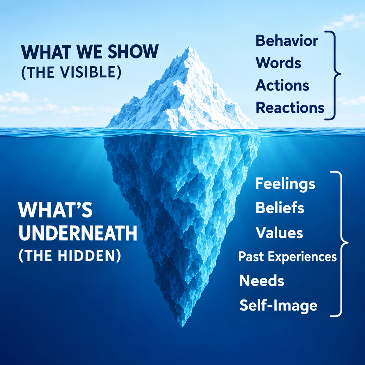 An iceberg. Behaviour, words, actions and reactions sit above the water. Feelings, beliefs, values, past experiences, needs and self-image sit below it