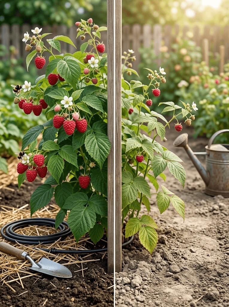 The same raspberry plant grown two ways. On the left it is thriving in rich mulched soil. On the right it is struggling in dry cracked ground